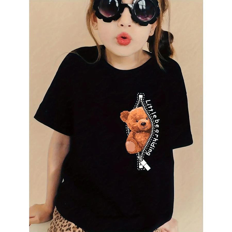 Kreskówkowy Kot i Niedźwiedź Graficzny Nadruk Kreatywne T-shirty Wygodny Okrągły Dekolt Krótki Rękaw T-shirt Odzież Dziecięca Letnie Bluzki Dziewczęce