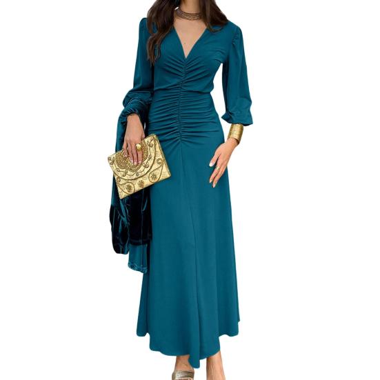 Women's Ruched Bodycon Evening Dress Casual Long Sleeve V Neck Prom Dress Cocktail Party Formal Maxi Mermaid Dress