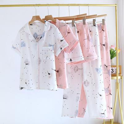 Sommar Ny Tre-delat Dam Pyjamas Set 100% Bomull Crêpe Kortärmad + Shorts + Byxor Tunt Dam