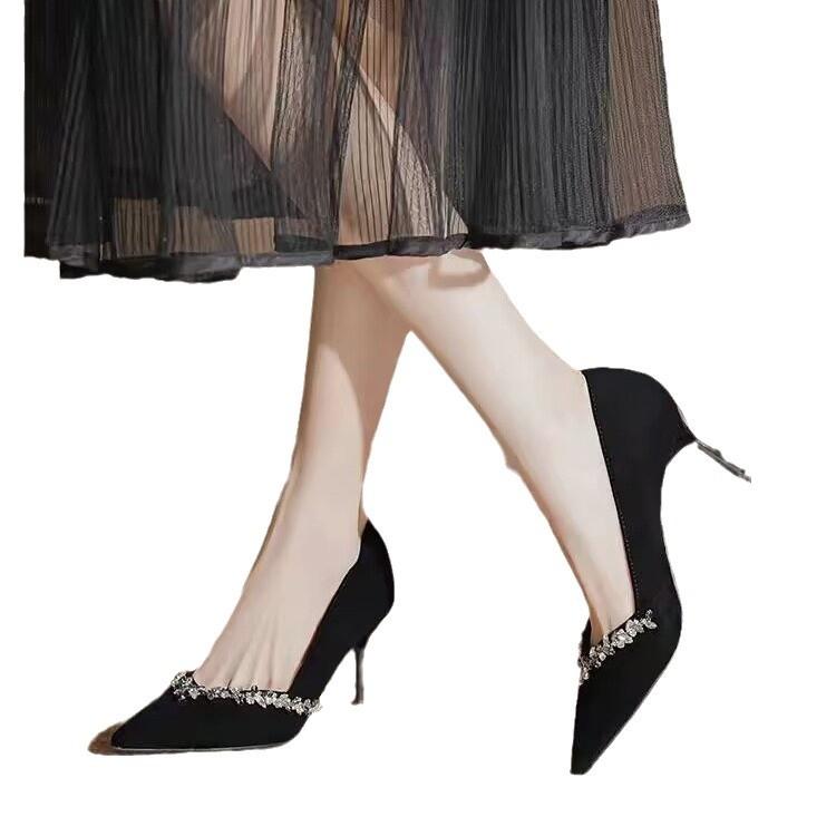 2025 spring and autumn new black pointed rhinestone trimmed high heels women's thin heels French sexy and beautiful shallow mouth single shoes