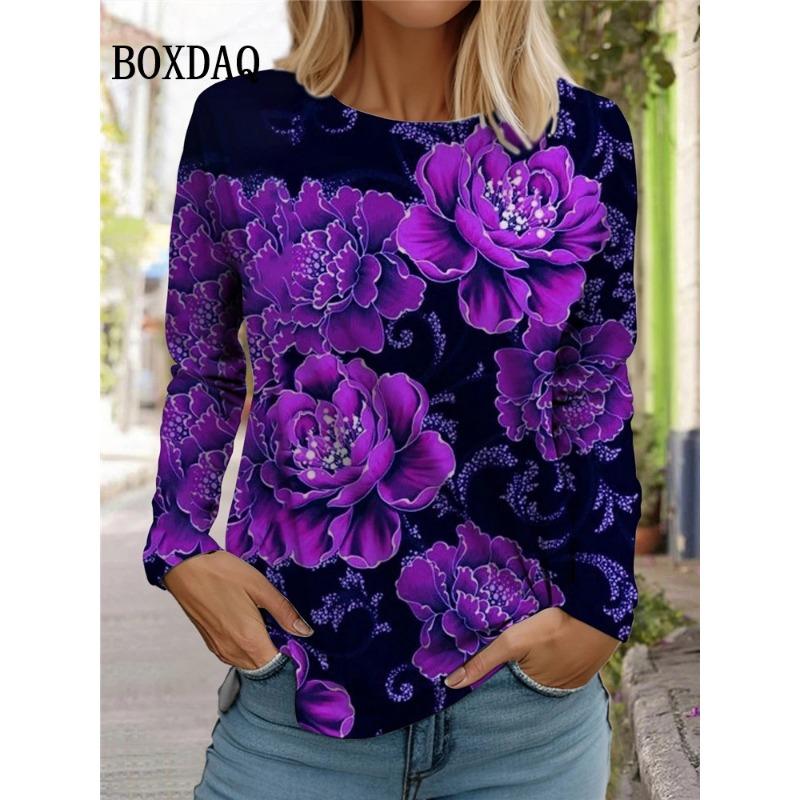 Rosenblumen Schmetterling T-Shirt Damen Batikdruck Langarmtops Übergroß Herbst Winter Lässiger Pullover Damenkleidung