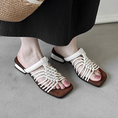 Straw Weaving Summer Size 40 High Quality Slip On French Chic Thick Heels Women Peep Toe Sandals