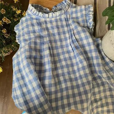 Fashion Shirt for Women Sweet Ruffles Loose Blouses Sleeveless O-neck Casual Plaid Summer Blouse Tops