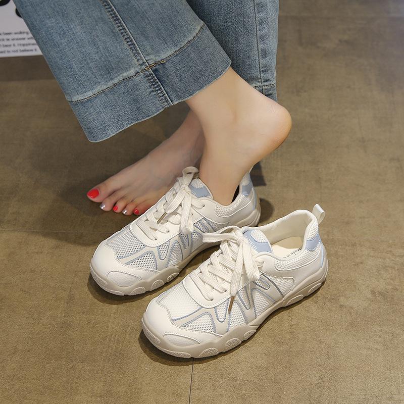 

Leather mesh women s summer new round head thick bottom breathable thin cowhide casual sports shoes tide 35 синий