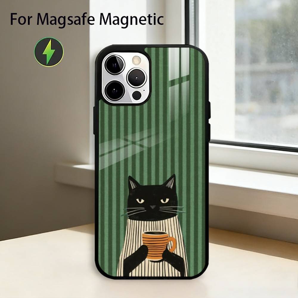 

The Lazy Cat with Coffee Phone Case For iPhone17,16,15,14,13,12,11 Plus,Pro Magnetic with Magsafe Wireless Charging iPhone13PRO