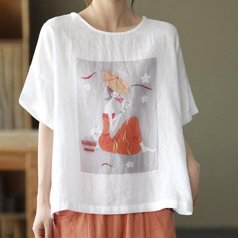Cotton T-shirt Women Summer Soft Loose Shirt Casual Round Neck Pullover Short-sleeved Top
