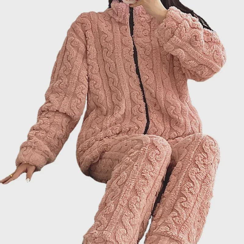 Conjunto de Pijama de Franela con Cremallera para Mujer - Cuello Alto, Traje Grueso y Cálido de Forro Polar Coral para Otoño e Invierno.