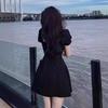 2024 High-end Hepburn Style Black Puff Sleeve Slimming Dress for Women