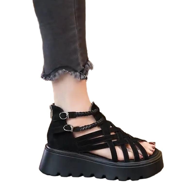 Popular retro thick-soled Roman sandals women's 2025 summer new lightweight hollowed-out small height-increasing woven sandals