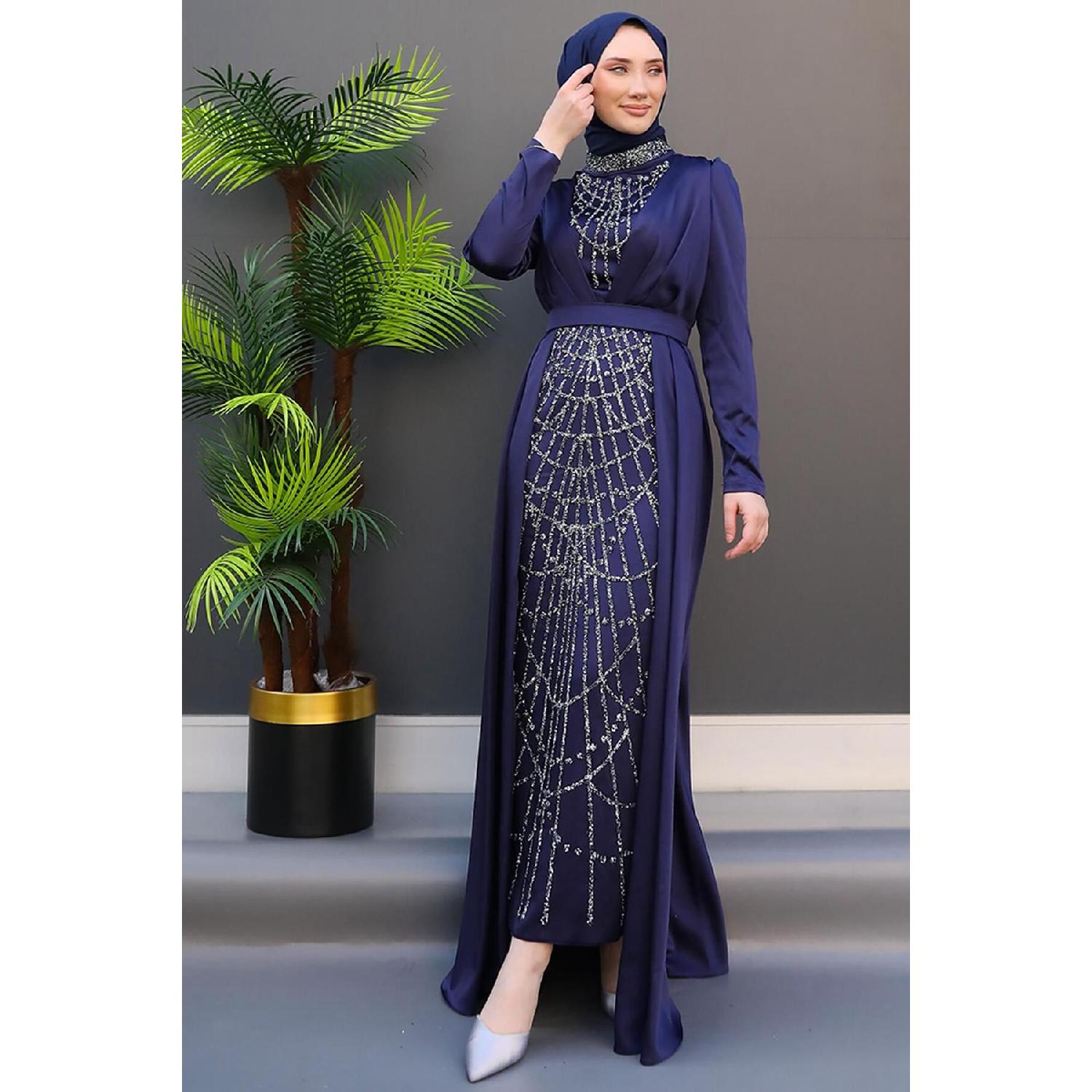 

Embroidered Cape Evening Dress Navy Blue 36