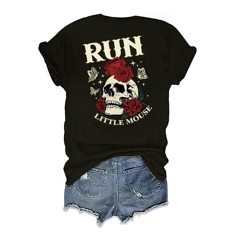 European Sizes Skull Rose Dark Romantic Book Lover Front And Back Pattern Print Fashion Casual Short Sleeve, Spring And Summer Fitted Version