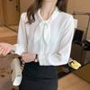 [SYitong] Women's Long-Sleeved Blouse, Stylish, White & Blue, Office Wear, Commuting, Relaxed Fit, Solid Color, Spring/Summer, Plus Sizes, Ribbon Blou