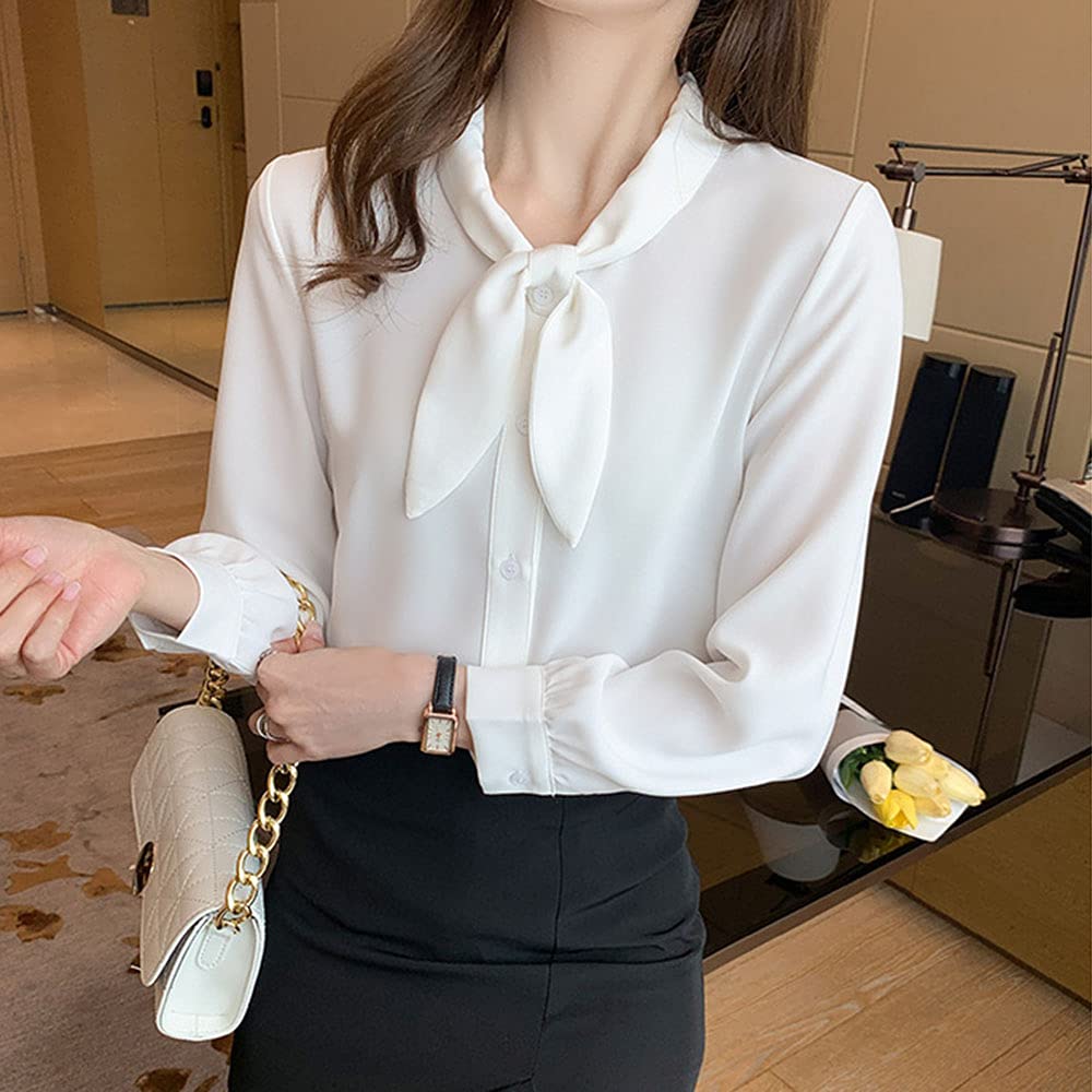 [SYitong] Women's Long-Sleeved Blouse, Stylish, White & Blue, Office Wear, Commuting, Relaxed Fit, Solid Color, Spring/Summer, Plus Sizes, Ribbon Blou