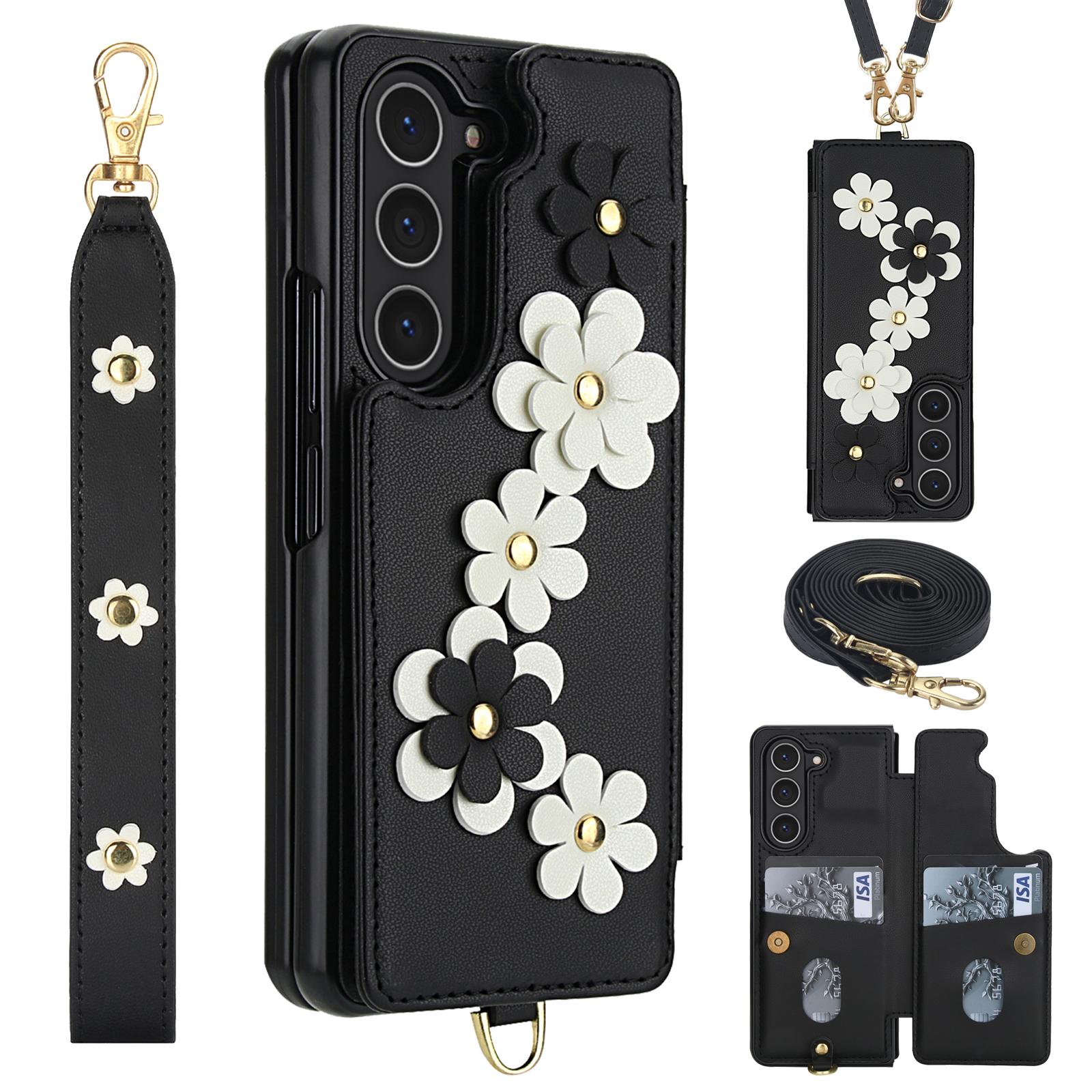 

For Samsung Galaxy Z Fold5 5G Case Card Slots Leather Coated TPU Flower Phone Cover with 2 Straps