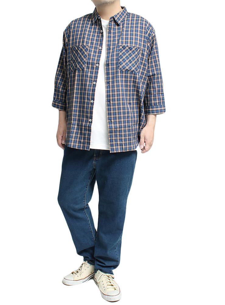 Men's 3/4 Sleeve Check Shirt, Breathable, Quick-Drying, Cool, Lightweight, Regular Collar, Size 4L, Beige (33)
