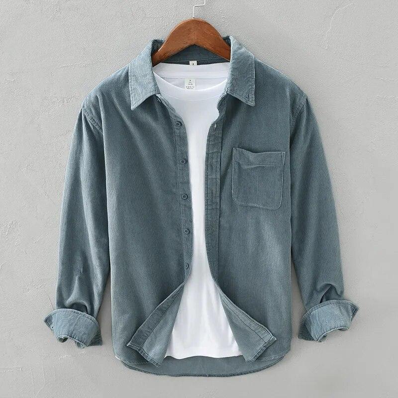 Korean Fashion Men Tops Spring/Autumn Daily Casual Long Sleeve Pure Cotton Shirts Square Collar Corduroy Solid Color Shirt Simple Style Men Clothing