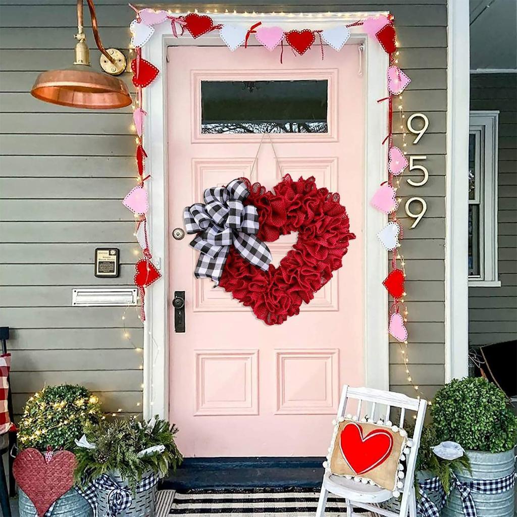 Valentine Red Burlap Heart Wreath Buffalo Plaid Bow Home Decor