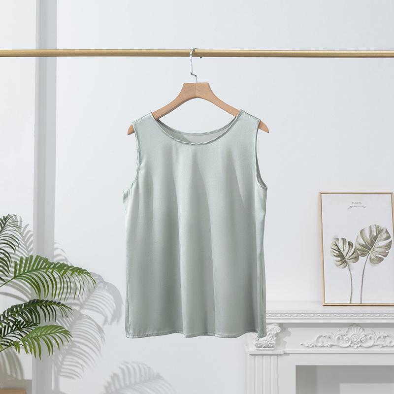 

Женская шелковая майка без рукавов - Тутовый шелк, Круглый вырез, Однотонная, Простой стиль Medium серый/зелёный