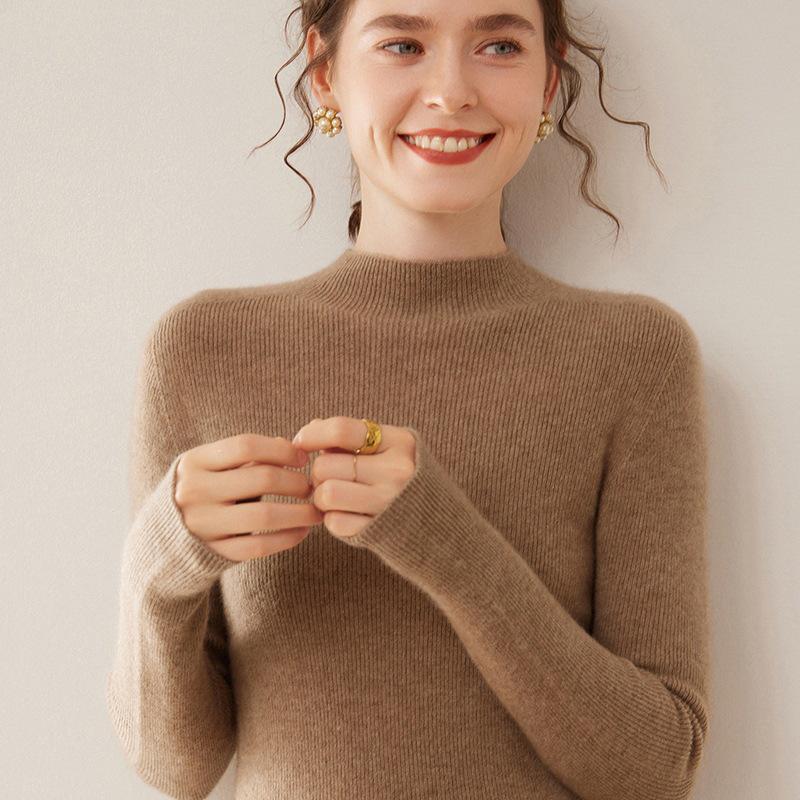 Women's Cashmere Striped Pullover - Slim-Fit Half-High Neck Knitwear for Autumn & Winter