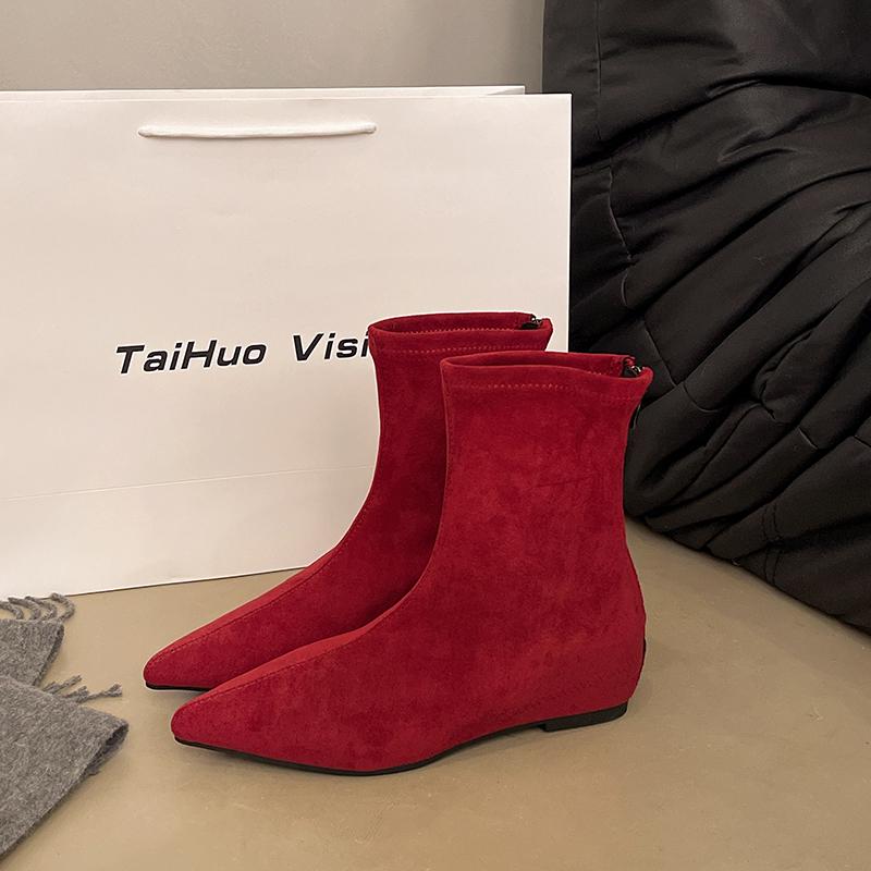 

Мода 2025 Осень Зима Ботильоны с острым носком Женские Дизайнерские Винтажные Туфли на тонком низком каблуке Современные Короткие Боты Zapatos De Mujer 41 красный