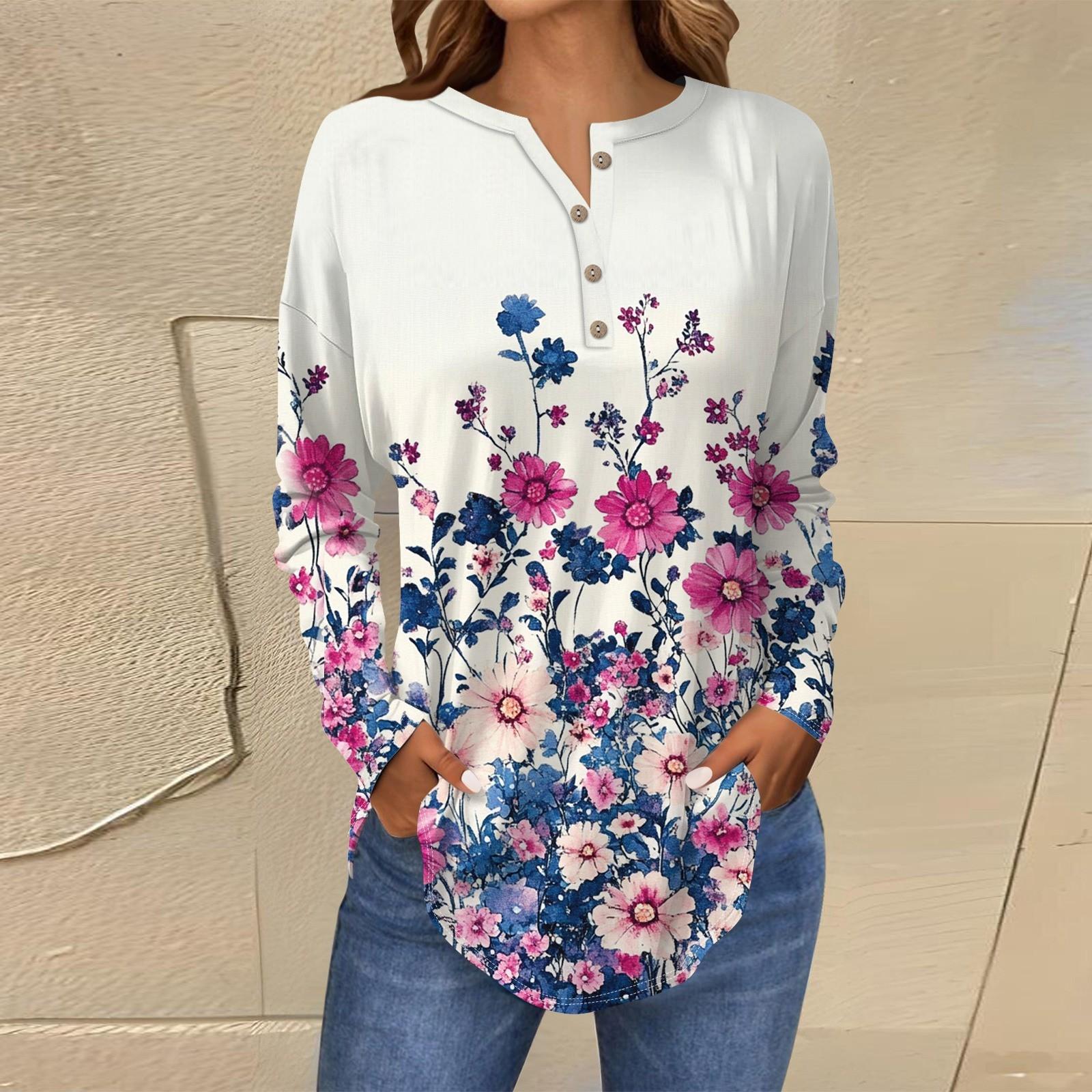 

Футболки для женщин, осенние повседневные рубашки с длинным рукавом на пуговицах, толстовка с винтажным принтом, топ, пуловер M белый