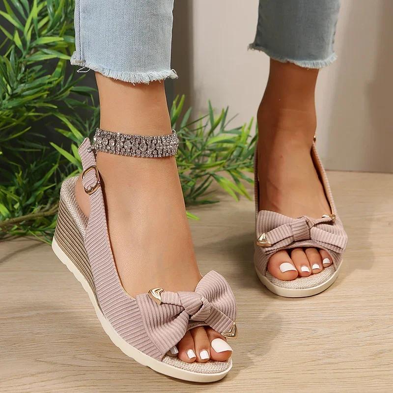 Fashion Fashion Women's Shoes Women Bow Knot Thick Bottom Sandals Back Strap Wedge Open Toe Sandal Female New Office Anti-Slip Sandalias