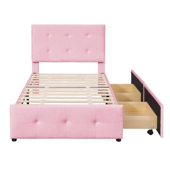 99x210cm Velvet Fabric Kids Bed with Adjustable Headboard 2 Drawers Ergonomic Design Strong Wood Slat Support Bed Home Furniture