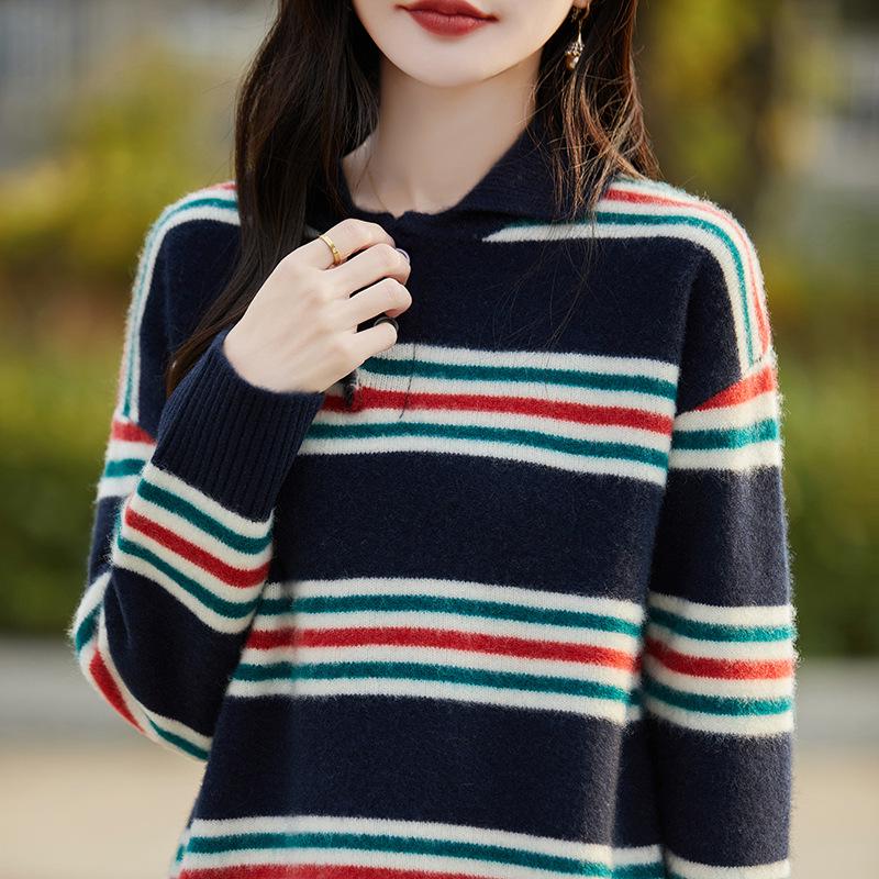 2024 Women's Color Block Striped Cashmere Knit Polo - Slimming Long Sleeve Top