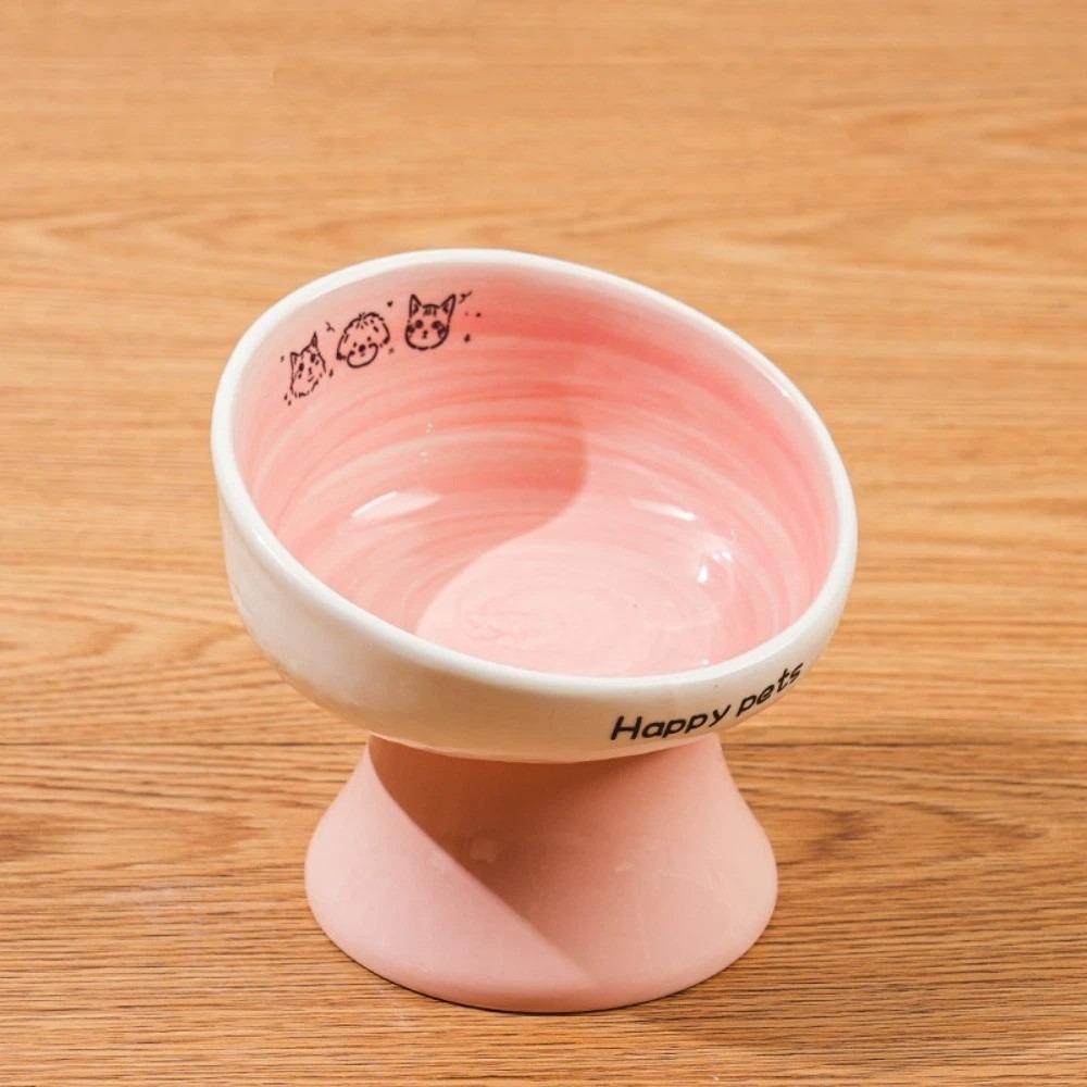 

Cartoon Pattern Ceramic Cat Bowl High Footed Cat Oblique Mouth Bowl Feeding Drinking рожевий