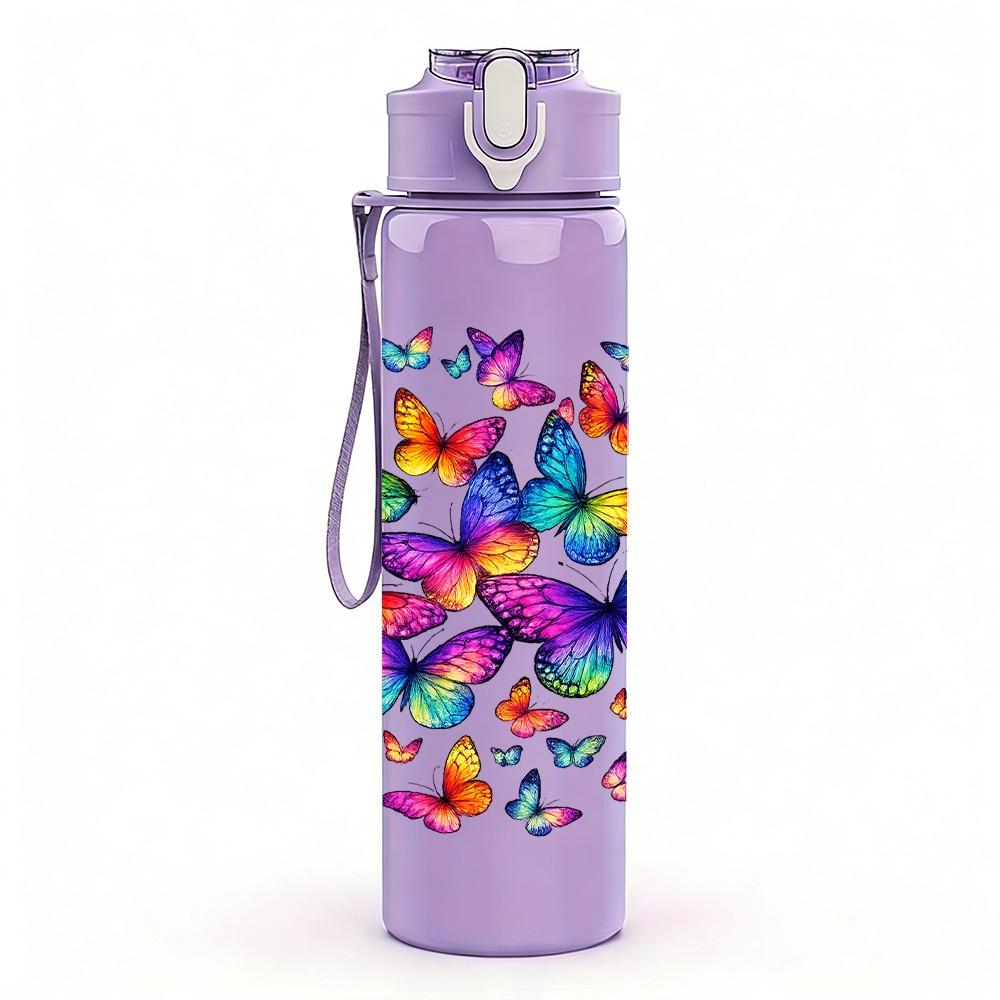 1PC Rainbow Butterfly Splash Abstract Print 750ml Color Plastic Sports Water Bottle Leakproof Flip Straw Lid Suitable for Sports Office Home Use
