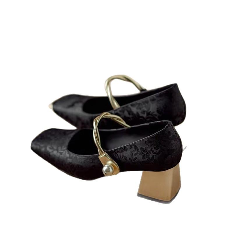 High heels new Chinese style with skirt medium thick heel shoes women's 5 Chinese New Year summer French Mary Jane evening shoes