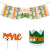 Woodland Animal 1st Birthday Decoration,Woodland Creatures High Chair Banner Baby First Birthday Crown Fox ONE Cake Toppers for Wild One Birthday