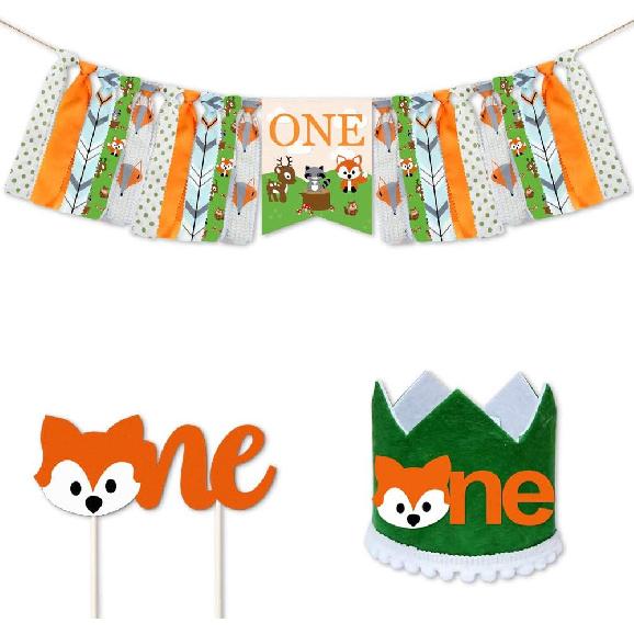 Woodland Animal 1st Birthday Decoration,Woodland Creatures High Chair Banner Baby First Birthday Crown Fox ONE Cake Toppers for Wild One Birthday