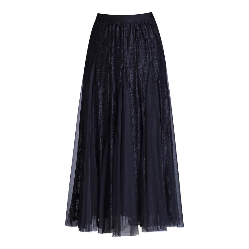 A-line Midi Skirt: High Waist Mesh Lace Patchwork for Women - Spring/Summer 2026