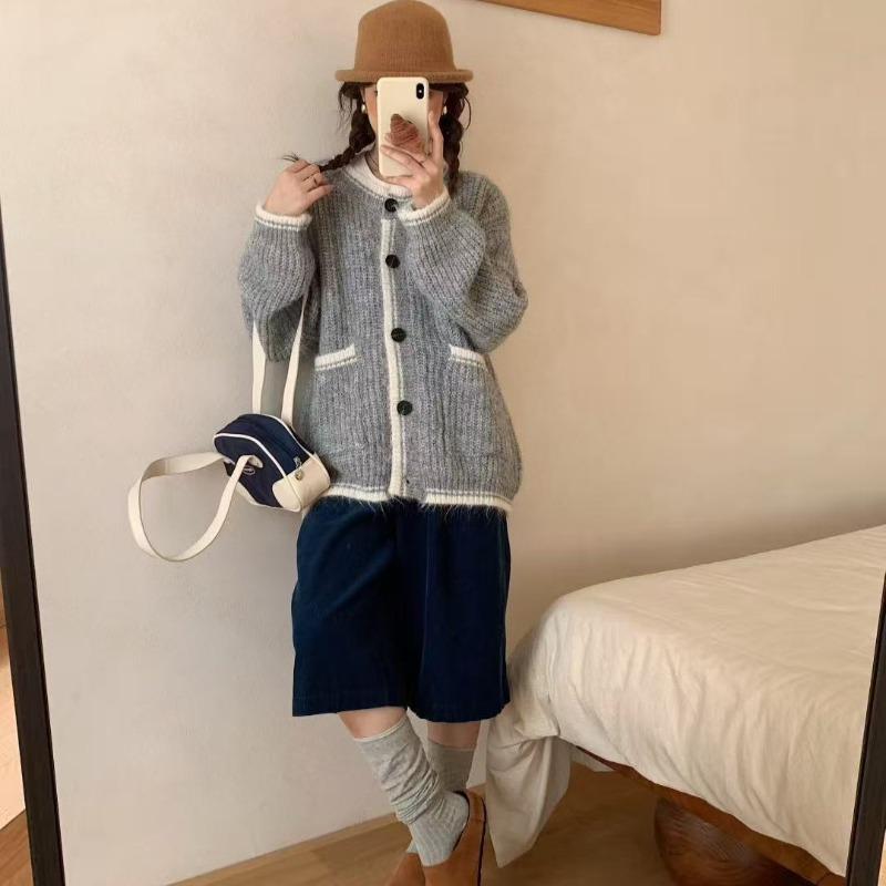 Autumn and winter new retro lazy wind knitted cardigan women's contrasting colors versatile loose soft waxy sweater jacket