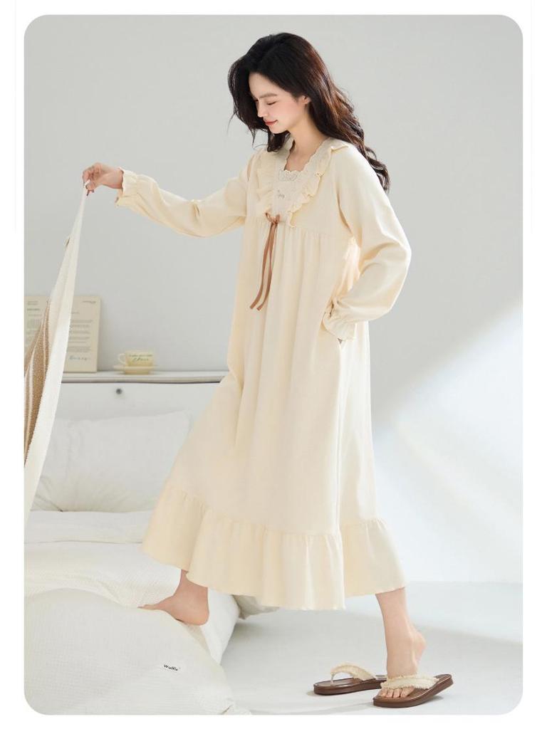 Nattlinne för gravida i koreansk stil för kvinnor, 100% ren bomull, antibakteriellt, långärmat - Lös passform för höst/vinter/vår