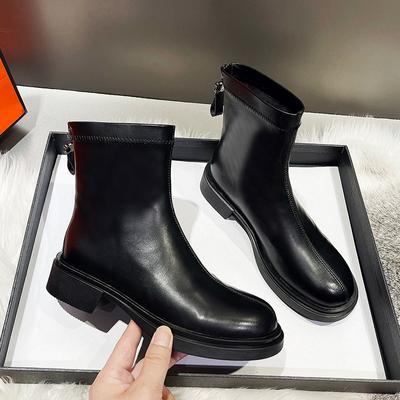 Shoes For Women Boots Martin Boots Genuine Leather Side Zipper Flat With Round Toe Sewing Turned -Over Edge Casual Women Shoes