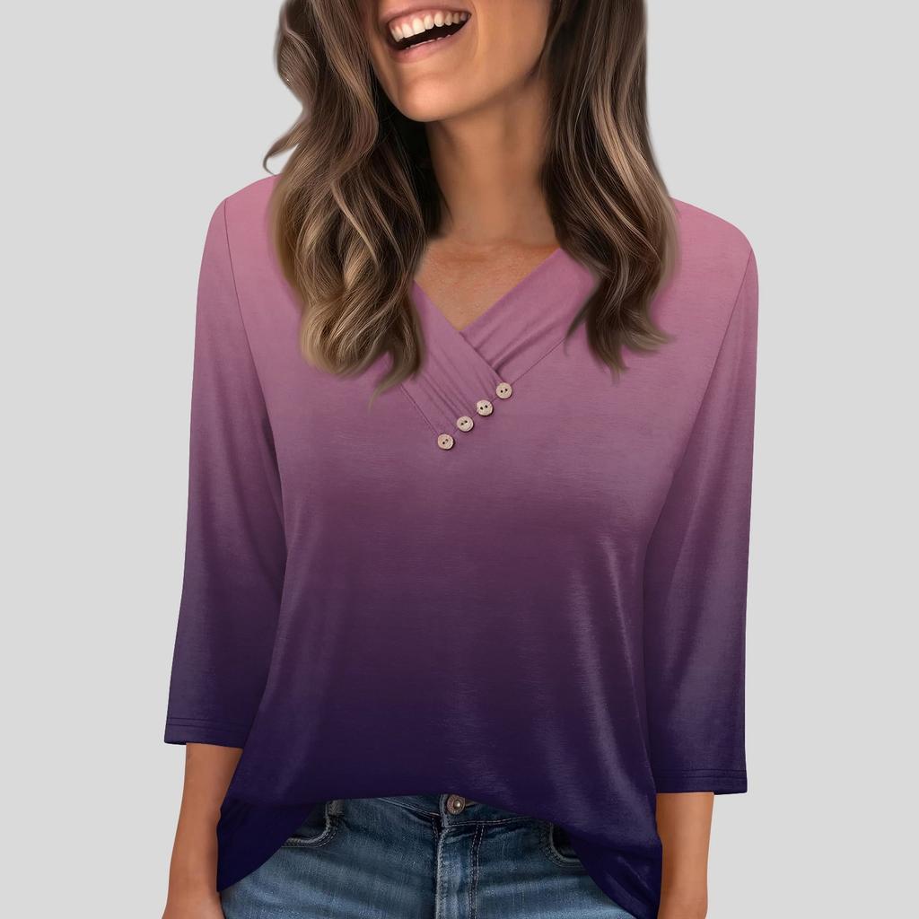 Damen T-Shirt Tee Knopf 3/4 Ärmel Tunika Täglich Wochenende Mode Basic V-Ausschnitt Reguläres Oberteil