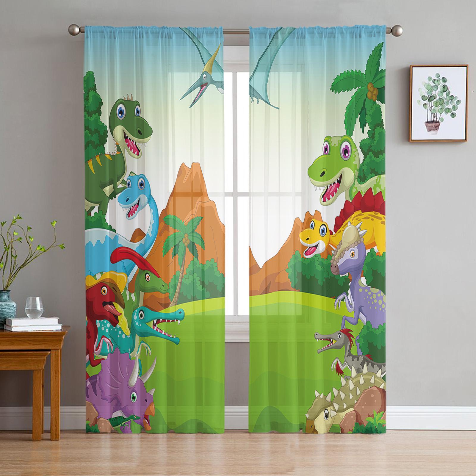 

Мультяшные шторы из тонкой ткани с динозаврами для украшения гостиной, оконные шторы для кухни, тюлевые, вуалевые, органзовые шторы W135 x H115cm x1&Grommet Top