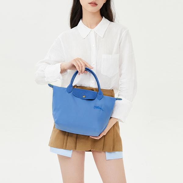 Longchamp Le Pliage Green Bottoncino Monocolore Pieghevole Bordatura Tela Riciclata Borsa a Mano Piccola da Donna Blu Fiordaliso L1621919P82