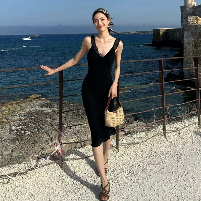 

Французский стиль Сексуальное Ретро Цветочное Волан V-образный вырез Шнуровка Платье Женское Стройное Элегантное Сексуальное Открытая спина Длинное платье