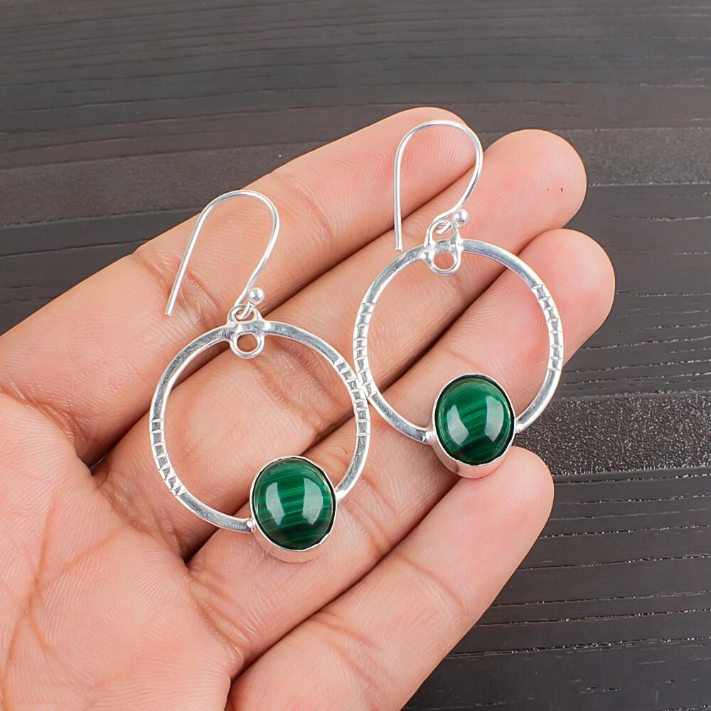 Malachite Gemstone 925 Sterling Silver Handmade Hook Earrings 1.37" Gift Jewelry EE-67-25