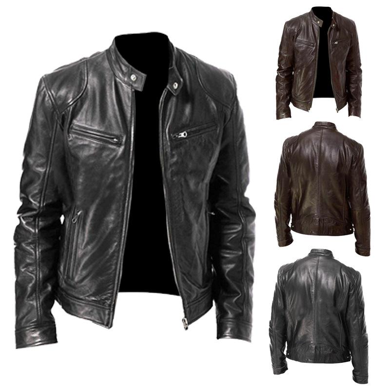 Slim Men's Leather Jacket Fashion Men's Motorcycle Jacket Stand Collar Zip Slim Jacket