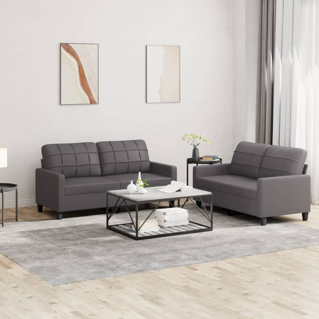 Vidaxl 2-Cz. Sofa Set With Cushions, Grey, Faux Leather