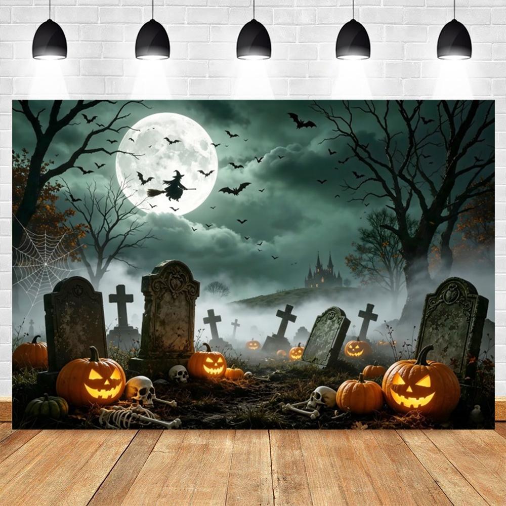 Halloween Full Moon Suburbs Cemetery Backdrop Scary Skull Castle Pumpkin Lantern Family Festival Party Decor Photo Background