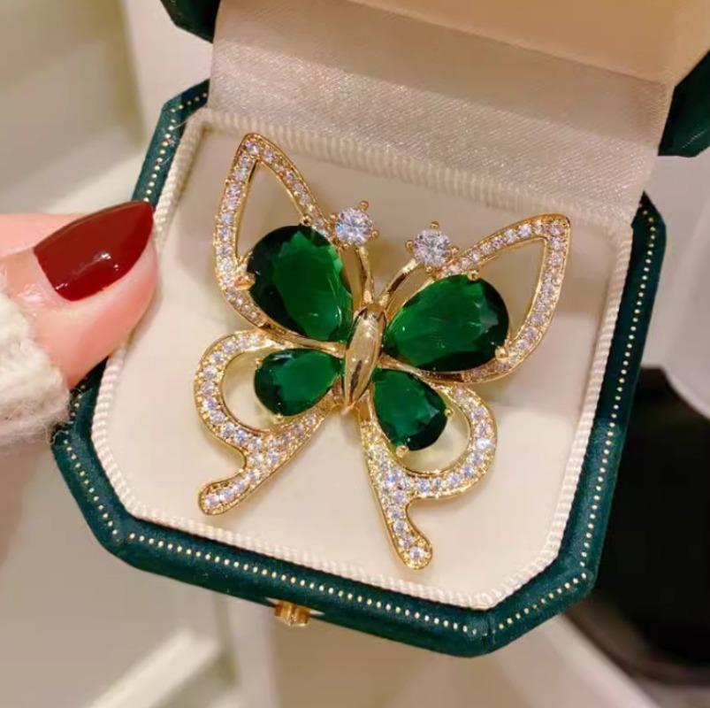 Vintage Green Rhinestone Butterfly Brooches For Women Shiny Corsage Clothing Accessories Gifts