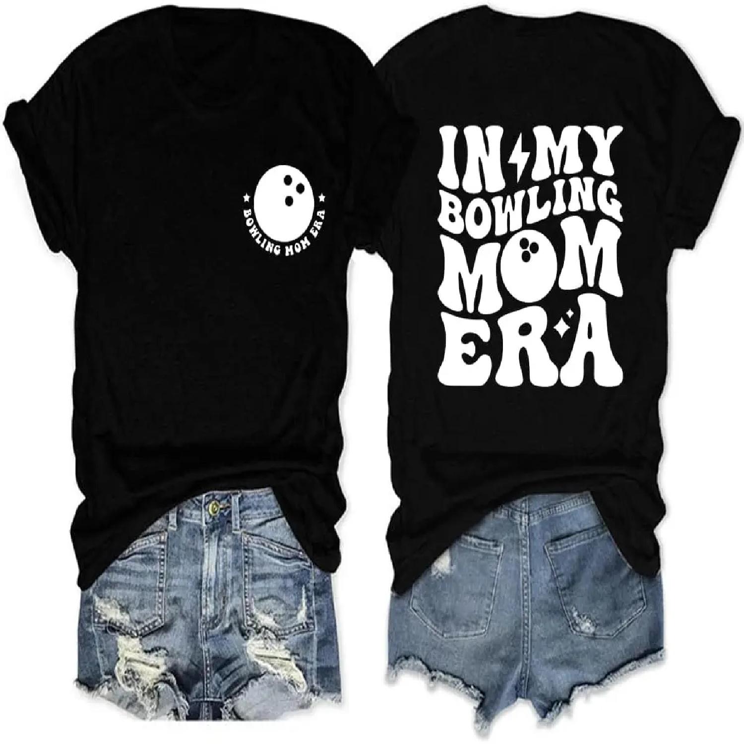 in My Bowling Mom Era Tee Shirt, Short Sleeve Mom Mama Bowling Sports T-Shirt, Womens Funny Summer Casual Tops S чёрный