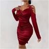 2025 Elegant Lace Satin Bodycon Dress with Pleated Skirt for Spring and Autumn