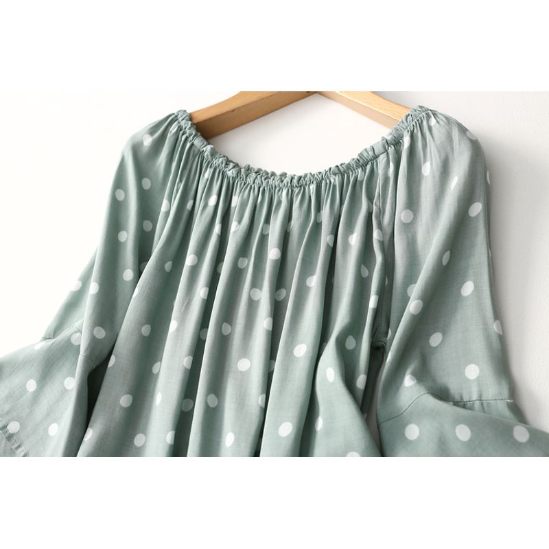 Foreign Trade Original Order Simple Anti-Aging off-Neck Polka Dot Cotton Silk Shirt Women's Summer Thin Bell Sleeve Rayon Tops