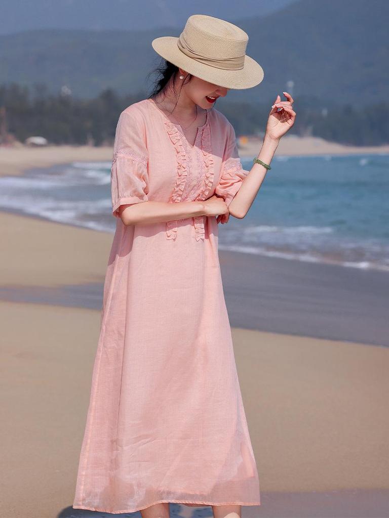 Women's Artistic Linen Dress, Summer 2026: Gentle Style, Age-Reducing, Ruffle Hem, Embroidered, Long Five-Point Sleeve.